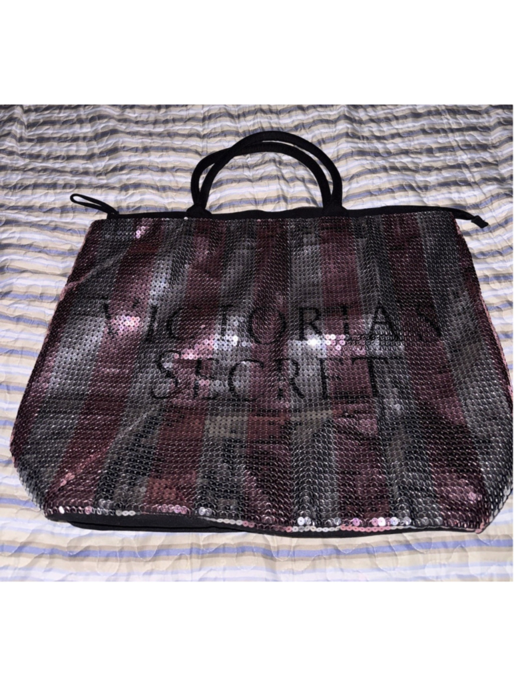 Victoria's Secret Sequin Tote Bag Pink Silver Striped Large Zipper Travel Beach